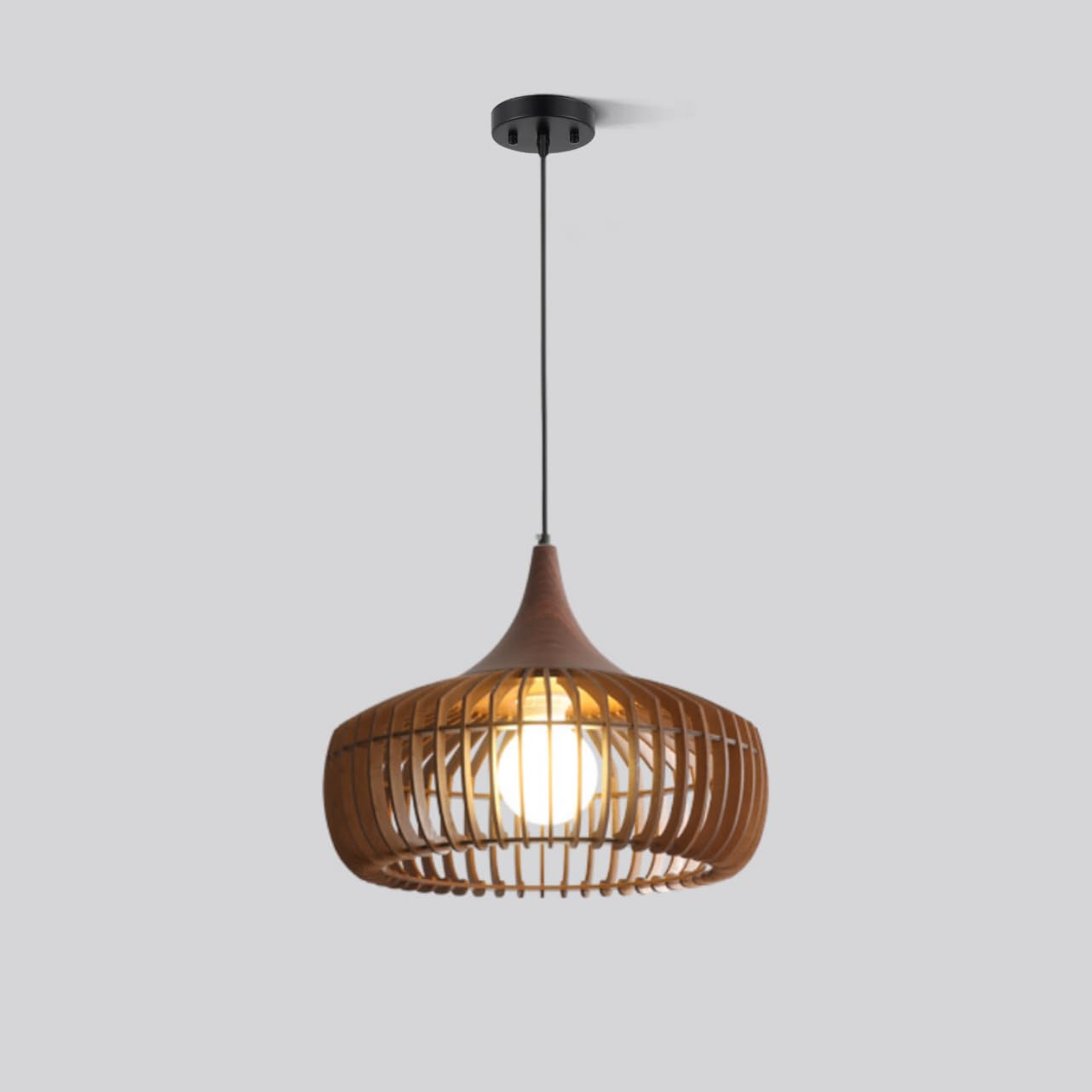 LYMSXAZOU Farmhouse Wooden Pendant Light - Rustic Mid-Century Chandelier with Adjustable Cord 16.9" Walnut Cage Fixture(Brown,16.9")