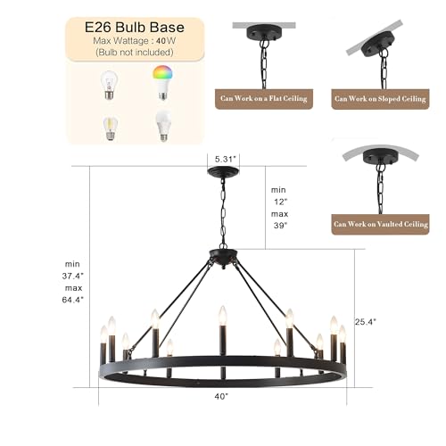 Jtyp WWC-40-E12-12 Inch Black Farmhouse Wagon Wheel Chandelier,12-Light Round Industrial Pendant Light Fixtures For Outdoor Porch High Ceilings Living Dining Room Foyer Entryway thumb #5