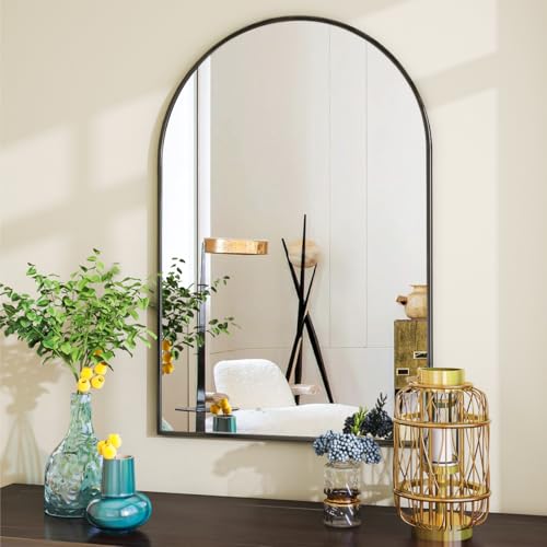 Image of VooBang Arched Wall Mirror, 24 x 36 inch Arch Bathroom Mirror, Wall Mounted Vanity Mirror with Arch Metal Frame, Modern Bathroom Vanity Mirror for Bedroom, Living Room, Hanging or Leaning, Black