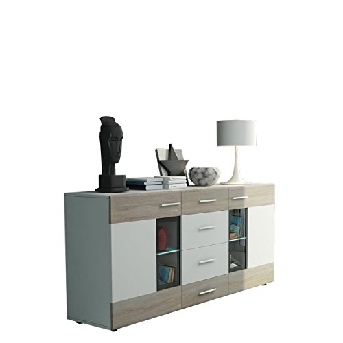 Preisvergleich Produktbild Mirjan24 Kommode Twist Anrichte Highboard Sideboard Schrank Naturtöne Mehrzweckschrank Wohnzimmerschrank, Anrichte (ohne Beleuchtung, Weiß / Eiche Sonoma + Weiß)