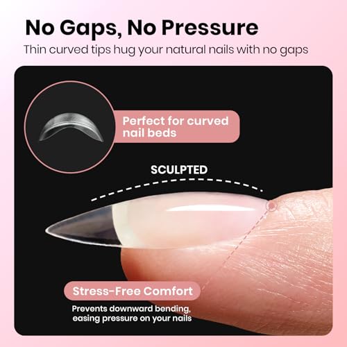 Image of Beetles Gel Almond Nail Tips Short, Curve-EX 640pcs 16 Sizes, Etch-X Half Matte Full Cover Soft Acrylic False Press on Nail Tips Easy DIY Nail Extension Art Salon for Curved & Natural Nail Beds
