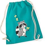 Turnbeutel für Kinder | Motiv Waschbär mit Schmetterlingen | Schuhbeutel Sporttasche Jutesack zum Zuziehen für Mädchen & Jungen | Stoffbeutel mit Kordel für Schule, Kindergarten, Freizeit (türkis)