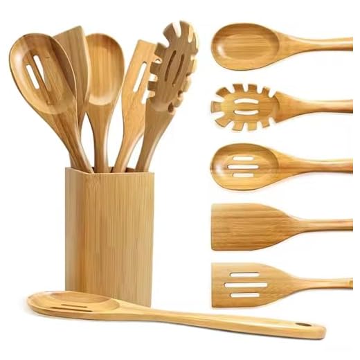 6-Piece Natural Bamboo Kitchen Spurtle Utensil Set with Holder – Non-Stick Wooden Cooking Tools for Stirring, Mixing & Serving – Durable, Heat-Resistant, and Stylish Bamboo Kitchenware
