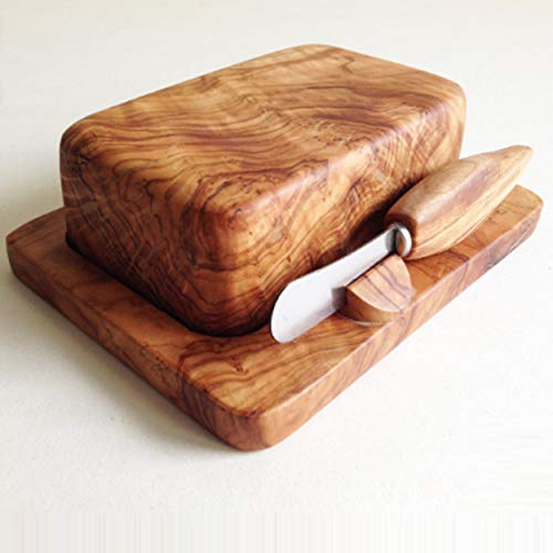 Generisch Butterdose mit Buttermesser 3er Set geeignet für 100 g Stück Kräuterbutter Knoblauchbutter handgefertigt Olivenholz