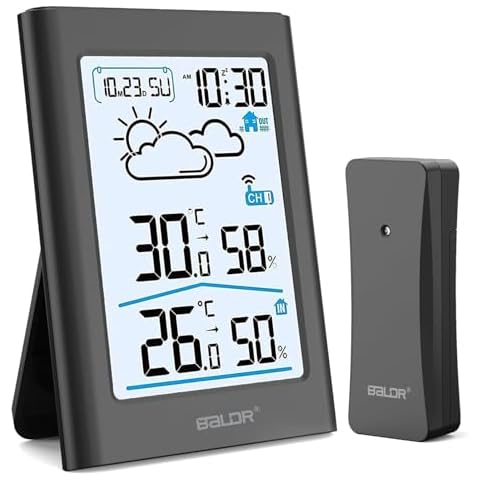 BALDR Indoor Outdoor Thermometer Wireless, Battery Powered Weather Station Indoor Outdoor with Clock, Portable Outside Temperature Monitor for Home Patio Cover