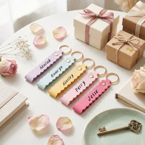 Image of Scalloped PU Leather Keychain Blanks Laser Engraving Blanks Loop Keychain Kit with Key Ring for DIY