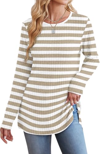 Image of Jescakoo Long Sleeve Shirts for Women Crew Neck Fall Tops Side Split Lightweight Tunic Sweaters Fashion Clothes 2025 S-4XL