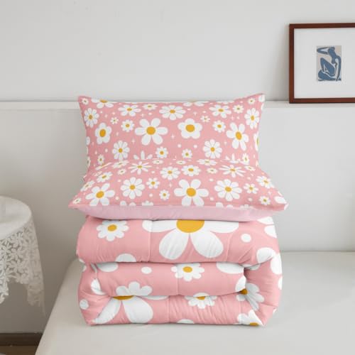 Image of Daisy Flower Groovy Comforter Set Toddler Size Kids Boys Girls Bedding | Retro Boho Breathable Soft Lightweight Duvet Set Quilt Set Bedroom Decor Microfiber 2Pcs Light Pink Warm Cozy All Season