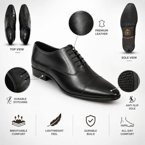 Image of Men's Premium Black Cap-Toe Oxford Formal Shoes | Luxury Lace-Up Dress Shoes for Office, Business Meetings, Weddings and Corporate Events | Lightweight, Cushioned & Anti-Slip TPR Sole