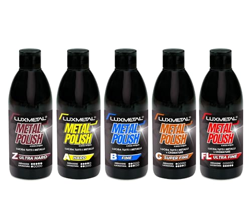 Lux Metal - Kit 5 Metal Polish Lucidante 250 gr FL-A-B-C-Z Ultra Hard/Hard/Fine/S. Fine/Ultra Fine Pasta abrasiva lucida metalli acciaio inox alluminio ottone bronzo rame auto carrozzeria moto barca