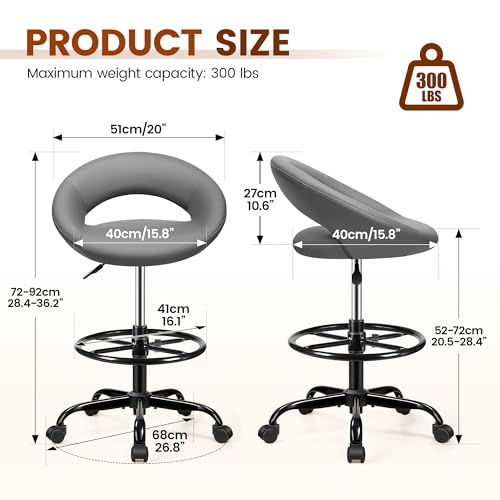 Image of Drafting Chair for Standing Desk - Height Adjustable Rolling Stool with Backrest & Footrest, Tall 360 Swivel PU Leather Chair with Wheels for Office Kitchen Salon, Gray