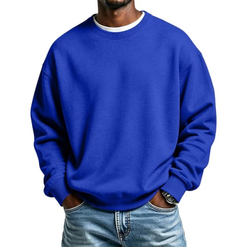 YSFWL Mens Crew Neck Sweatshirt Oversized Long Sleeve Jumper Solid Color Comfortable Pullover Fall Winter Warm Lightweight Clothes(#A Blue,3XL)