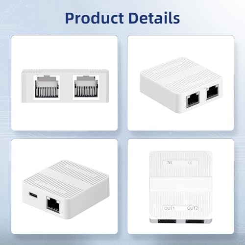 Image of Binardat 1 to 2 Gigabit Network Splitter, 3 Port Gigabit Ethernet Switch, Type-C Power Supply, Mini Size Plug and Play (White)