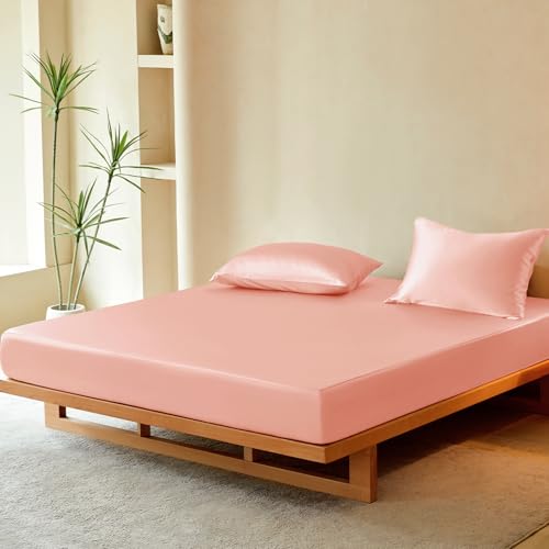 THXSILK Luxury Mulberry Silk Fitted Sheet Set 3 Pcs, Queen