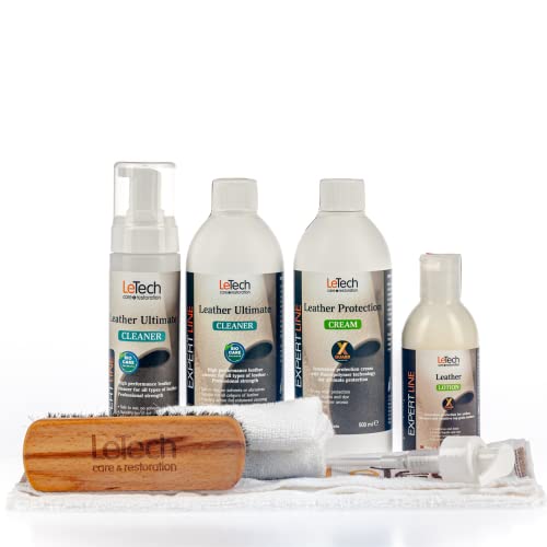 Letech Leather Care Kit Advanced 500 ml - Leather Cleaner and Leather Protection Cream with Brush and Towels for Auto Interior - Furniture - Leather Apparel - Shoes + Accessories