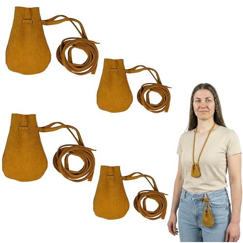 Image of Mythrojan Small Trinket Pouches Suede Leather Drawstring Coin & Dice Bags for LARP, SCA, Viking & Medieval Events (4, Yellow, Large : 4 inch X 2.9 inch X 2.6 inch)