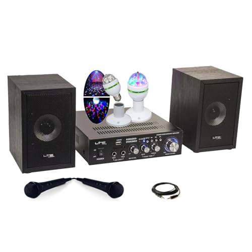 Générique Chanson Pack KARAOKE-STAR2MKII LTC Enfant - 2 Enceintes 2 Micros 1 Ampli Bluetooth USB SD 100W - Jeu Lumière Astro Rotatif LEDs RGB - Cadeau