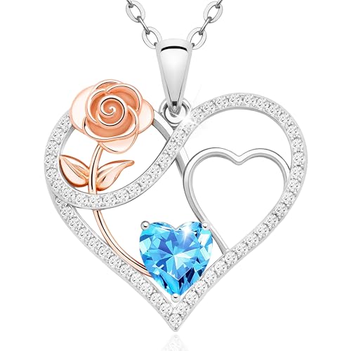 Infinity Love Heart Rose Birthstone Necklace for Women–S925 Sterling Silver 18k Rose Gold Plated Pendant,18+2 Inch Adjustable Chain,Gift for Her Mom Wife Girlfriend Lady,Fine Jewelry Present for Anniversary Valentine Dating Birthday Wedding
