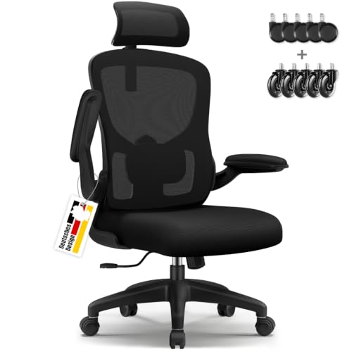 Aiidoits Bürostuhl, Bürostuhl Ergonomisch, Schreibtischstuhl mit 5D-Lendenwirbelstütze und Kopfstütze, 90° klappbaren Armlehnen, Schreibtischsessel Neigbar bis 135°, Office Chair,mit Gummiröllchen