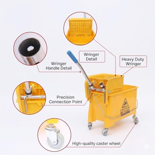 Image of Single Bucket Wringer Trolley Mini Mop Bucket | 20 Litre, Yellow | Multipurpose Cleaning Bucket with Wringer