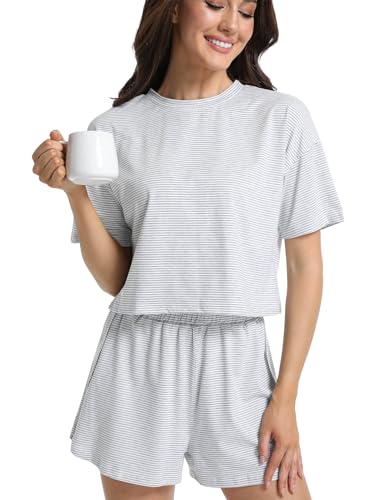 Image of Split Short Pajama Set Soft Women's Striped Pajama Sleeve Tee & Elastic Waist Shorts Lounge Sleepwear Gray