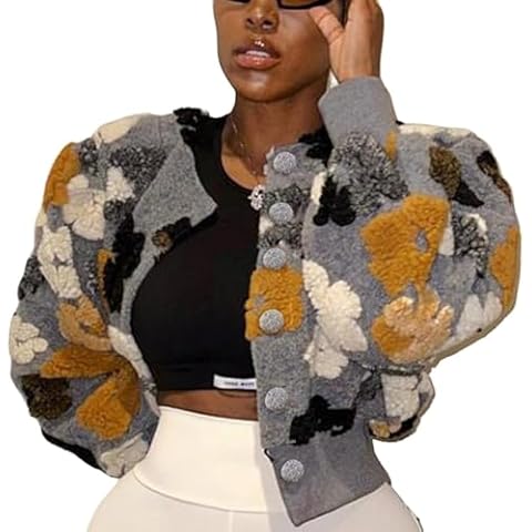 UANEO Womens Cropped Floral Puff Sleeve Jacket Cover
