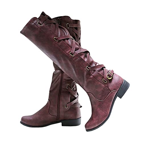 mikarka Back Strappy Knee High Boots Women, Zipper Low Chunky Heel Womens Boots Winter Motorcycle Riding Tall Boots Flats Shoes