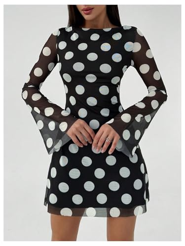 Image of GORGLITTER Women's Bell Long Sleeve Mini Dress Y2k Fall 2025 Mesh Boat Neck Going Out Club Bodycon Short Dress