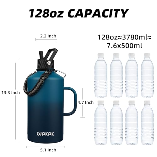 Image of BJPKPK 1 Gallon Water Bottle Insulated with Straw Lid, 128oz Large, Stainless Steel Water Bottles with 3 Lids and Paracord Strap, Double Wall Vacuum Metal Water Jug,Vast