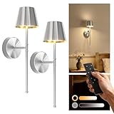 UME Wireless Sconces Set of 2 with Remote, 5200mAh Battery Powered Sconces - Small Rechargeable Sconces w/ 3 Color Temps & 5 Brightness Levels for Bedroom, Living Room, Wall Painting, Cafe (Silver)
