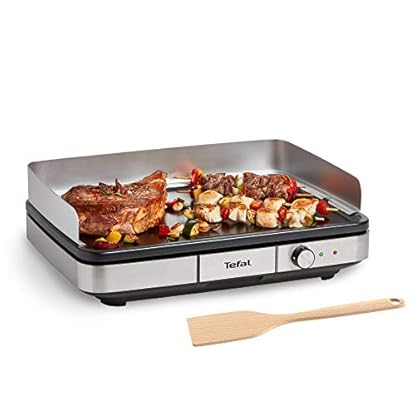 Tefal Maxi Plancha Elektro-Tischgrill CB690D, Extra groß, Antihaft Teppanyaki Platte, Leichte Reinigung, Innen und außen nutzbar, Inkl. abnehmbarem Windschutz + Spatel, 2300W, Schwarz/Silber