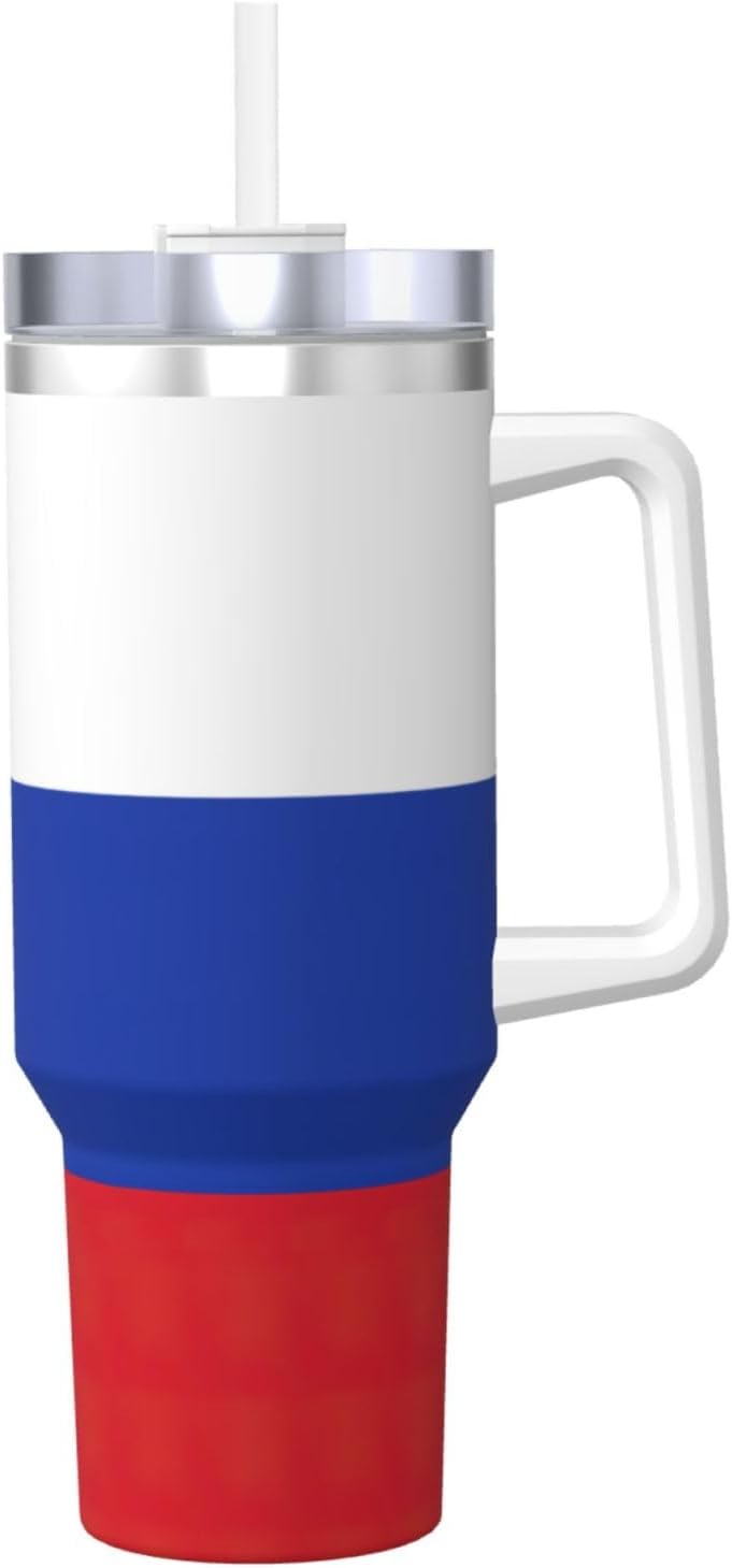 40 OZ Russian Flag Print Ice Bully Cup with Handle Straw Lid Straw,Stainless Steel Tumbler Coffee Cup