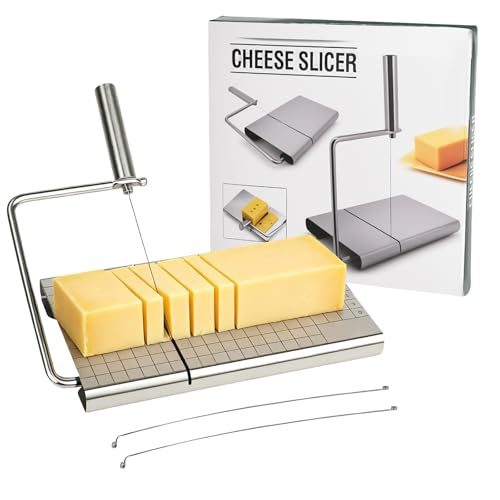 XCRPRT Edelstahl Käsehobel Schneidebrett, Käsebrett Butterschneider, Käsehobel mit Brett und Messgitter, Auswechselbarer Käseschneider für Blockkäse und Butter, Spülmaschinenfest, mit 5 Extra Drähten