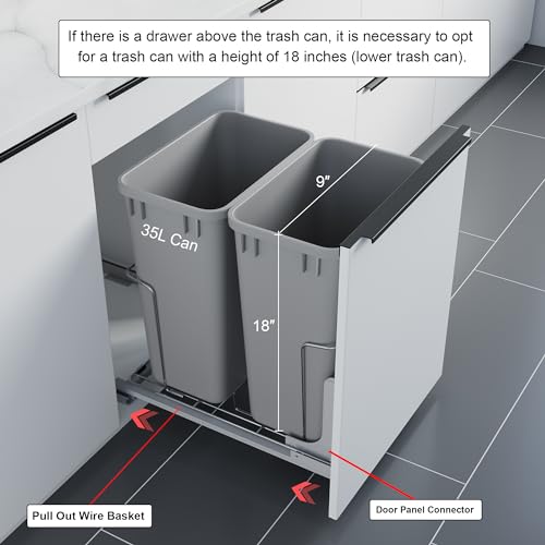 Image of Dowell B18 Aluminum Base Wastebasket Pullout with Door Mount and Two 35Qt /9Gal Plastic Bins (4012 0218+35x2)