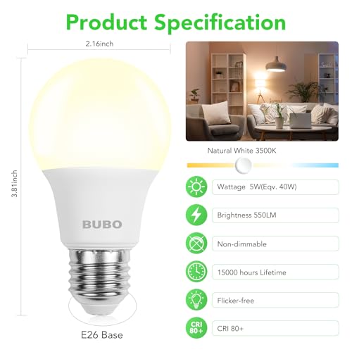 Image of BUBO A19 LED Light Bulbs, 40 Watt Equivalent LED Bulbs, Natural White 3500K, 550 Lumens, E26 Standard Base, Non-Dimmable, 5W Natural White LED Bulbs for Bedroom Living Room Home Office, 3 Pack