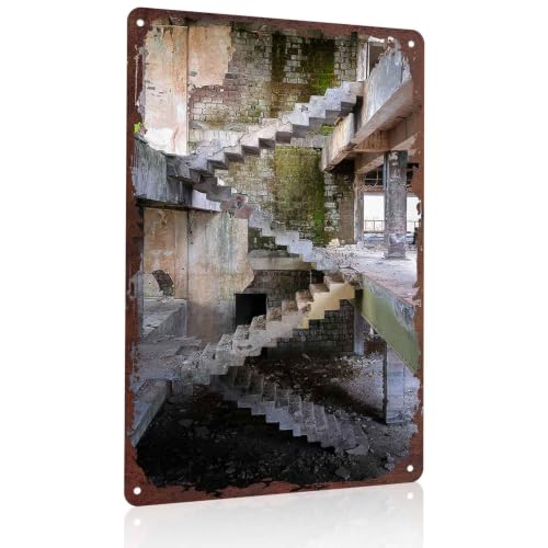 Vintage Rustic Abandoned Building Stairs Metal Wall Art, 8x12 Inch Aluminum Decor, Distressed Grunge Broken Staircase Rustic Urban Decay Wall Decor for Home Living Room Bedroom