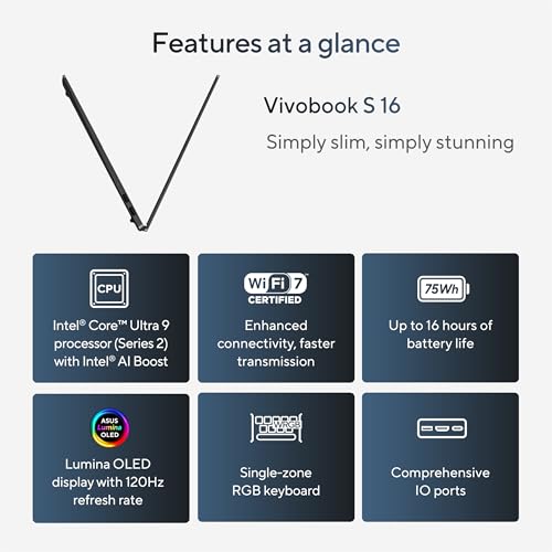Image of ASUS Vivobook S 16 Laptop, Intel Core Ultra 9 285H, 32GB Memory, 1TB Storage, Neutral Black, S5606CA-DS99