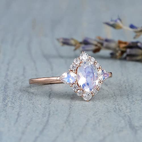 Plated 18k Rose Gold Rainbow Moonstone Rings,Women Bridal Set Statement Anniversary Ring Gift Oval & Pear Cut CZ Simulated Diamond Engagement Ring (US Size 8)3