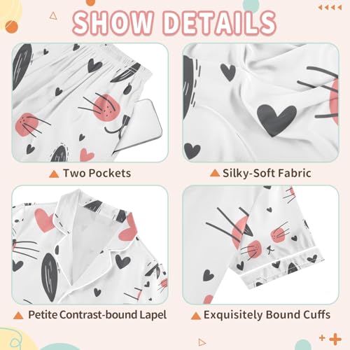 senya Rabbit Hand Drawn Satin Summer Pajama Sets Silk Short Sleeve Button Down Sleepwear3