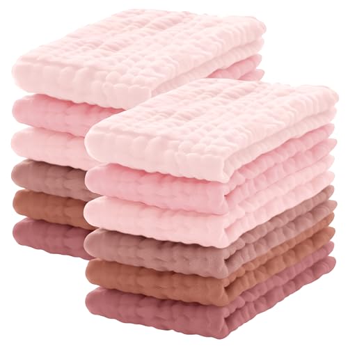 Image of Lovely Care 12 Pack Muslin Burp Cloths 100% Cotton Muslin Cloths Large 20''x10'' Extra Soft and Absorbent Baby Burping Cloth - Blush and Terracotta