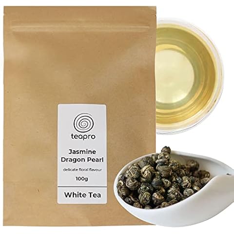 Teapro Jasmine Dragon Pearl White Tea 100g | Premium Phoenix Eye White Loose Leaf Tea | Chinese Tea 100% Natural Floral Scented Hand Rolled Cover