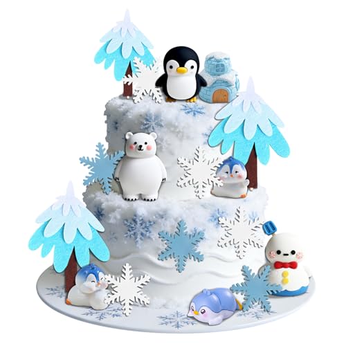 Snowflake Cake Decorations Penguin Cake Topper Polar Bear Cake Topper Winter Cake Topper (blue)