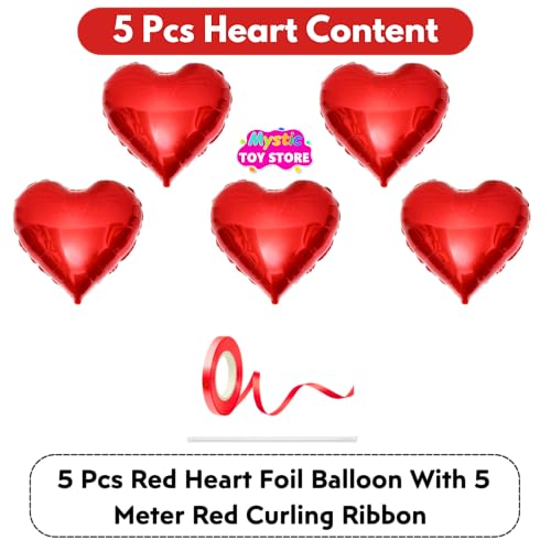 Image of Pack of 5 Heart Balloons for Happy Birthday Decoration Red Kit Baby Boys Girls Kids Men Women Car Boot Living Room Heart Shaped Foil Balloon Set Items
