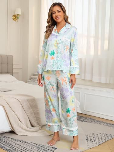 Image of Jusfitsu Women's Silk Satin Pajamas Long Sleeve Ruffle Button Down Pjs Sets