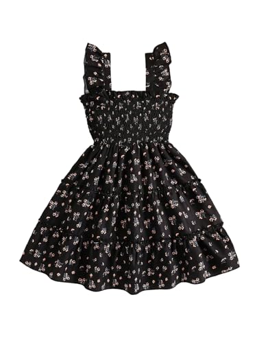SOLY HUX Toddler Girl's Floral Print Dress Square Neck Cap Sleeve Shirred A Line Ruffle Hem Summer Midi Dresses