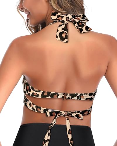 image for Tempt Me Women Leopard Bikini Top Push Up Swim Top Halter Retro Bathin