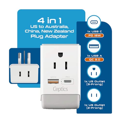 Image of Ceptics Australia China New Zealand Power Plug Adapter, QC 3.0 & PD - Safe Dual USB & USB-C - 2 USA Socket for USA to Australian New Zealand Fiji Argentina, Type I AP-16 Fast Charging