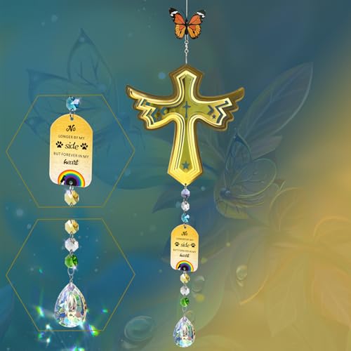FONMY Cross Pet Sympathy Gift Dog Memorial Wind Spinner Dog Memorial Suncatcher Gifts for Dog Lovers Stainless Steel Wind Chime -Golden,24in
