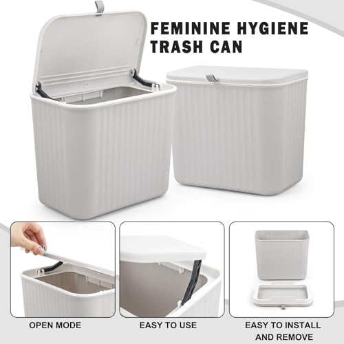 Image of Sanitary Napkin Receptacle,Gray Plastic Feminine Hygiene Disposal Trash Can with Lid 10x9x6inches Wall Mounted Tampon Disposal Bin for Bathroom,Office,Sanitary Waste(with 200pcs Trash Bag)
