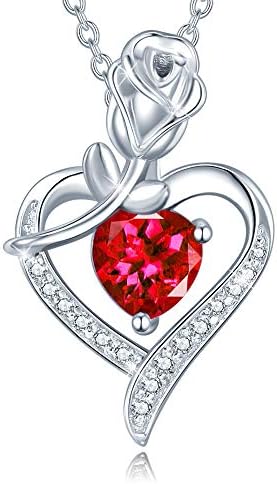 AGVANA July Birthstone Jewelry Ruby Necklace for Women Sterling Silver Rose Flower Heart Pendant Necklace Fine Jewelry Anniversary Birthday Gifts for Women Girls Mom Wife Lady
